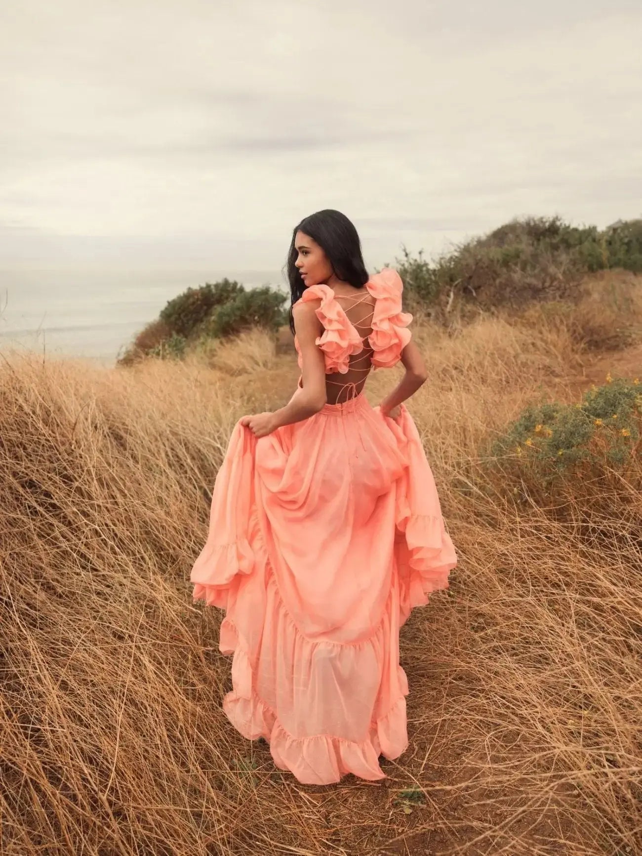 Pink Ruffle Tiered Cut-Out Chiffon Gown