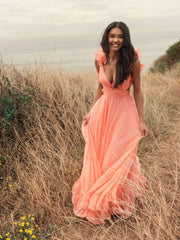 Pink Ruffle Tiered Cut-Out Chiffon Gown