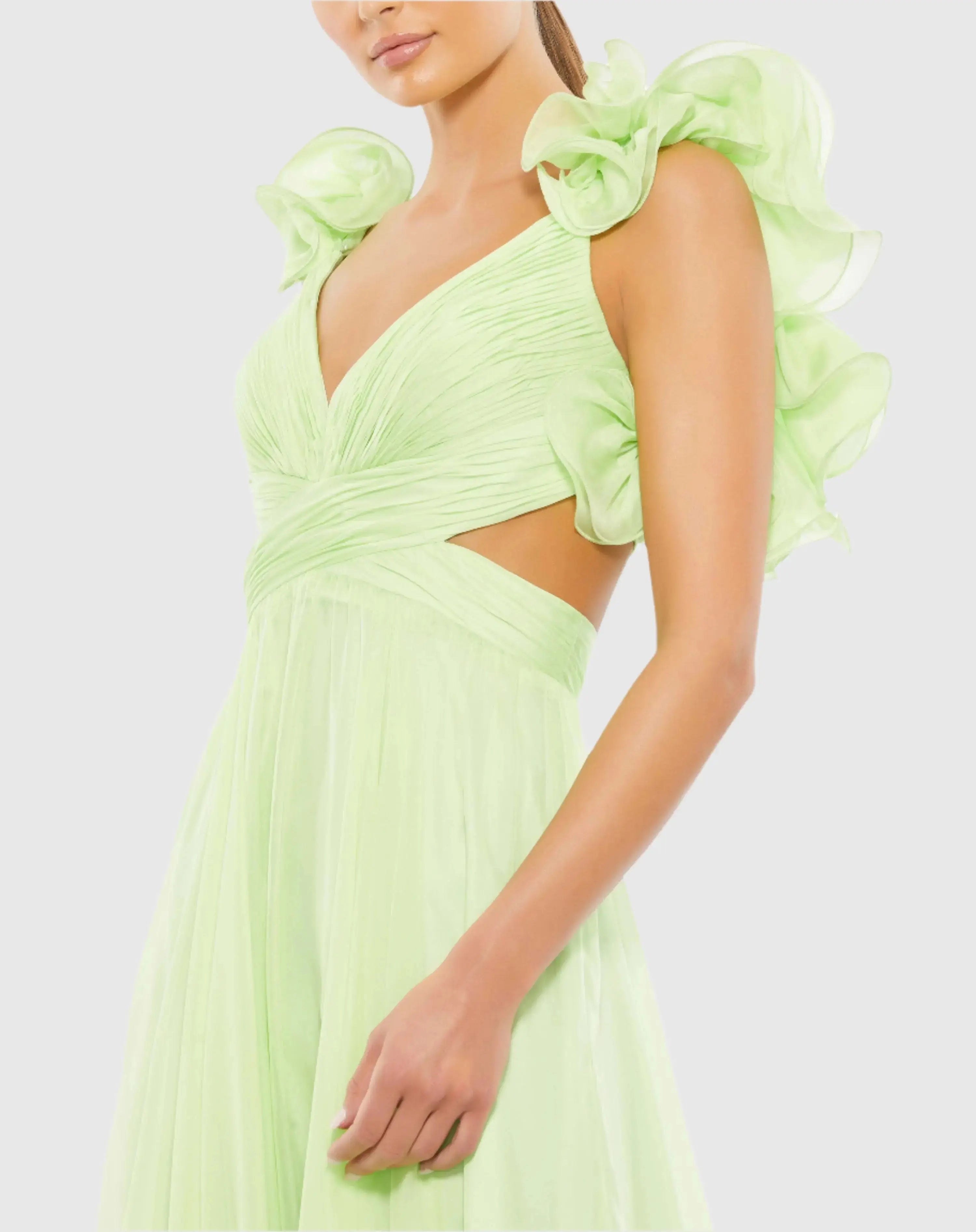 Light Green Ruffle Tiered Cut-Out Chiffon Gown