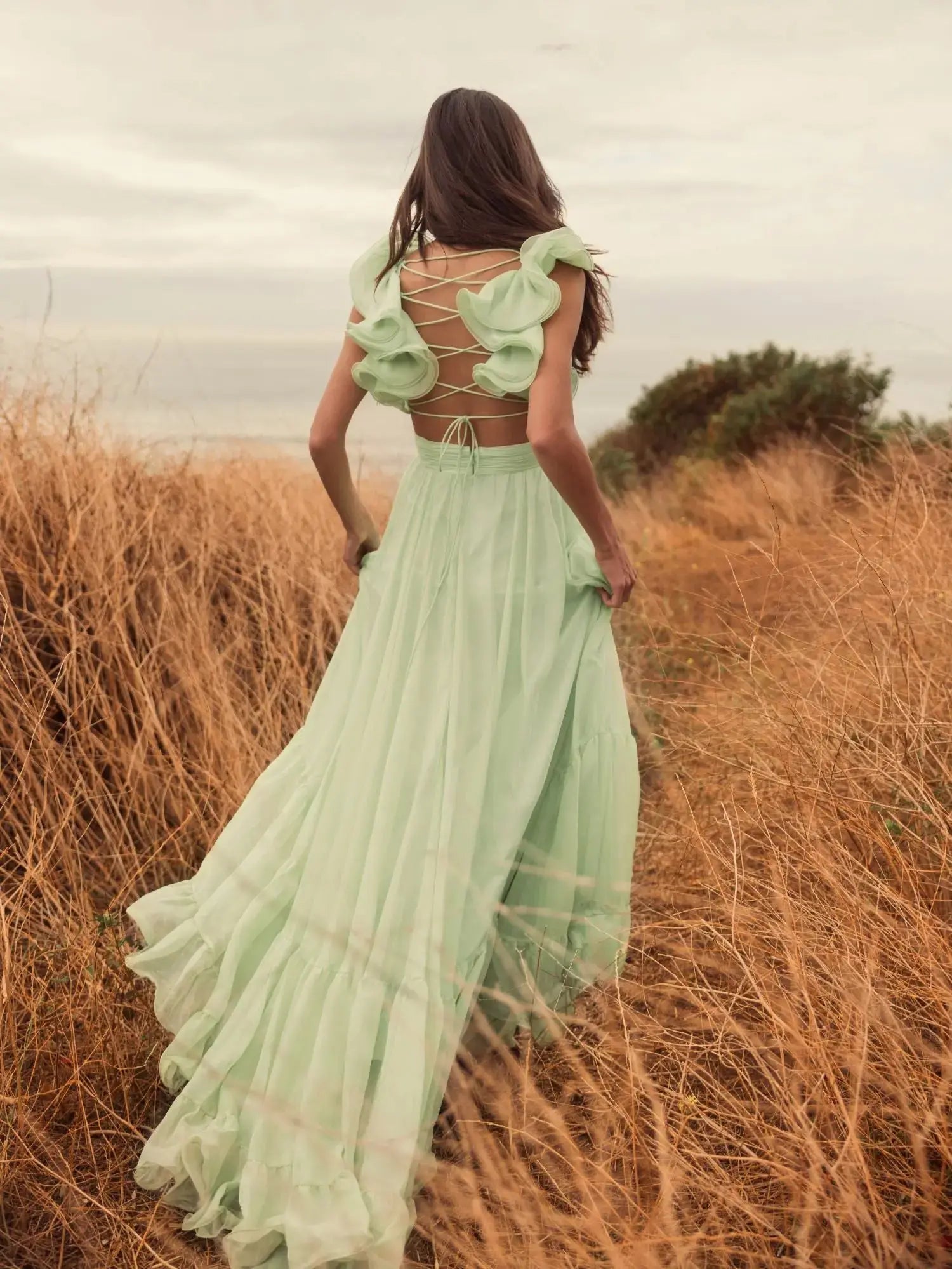 Light Green Ruffle Tiered Cut-Out Chiffon Gown