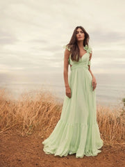 Light Green Ruffle Tiered Cut-Out Chiffon Gown