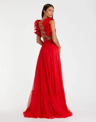 Red Ruffle Tiered Cut-Out Chiffon Gown - FINAL SALE