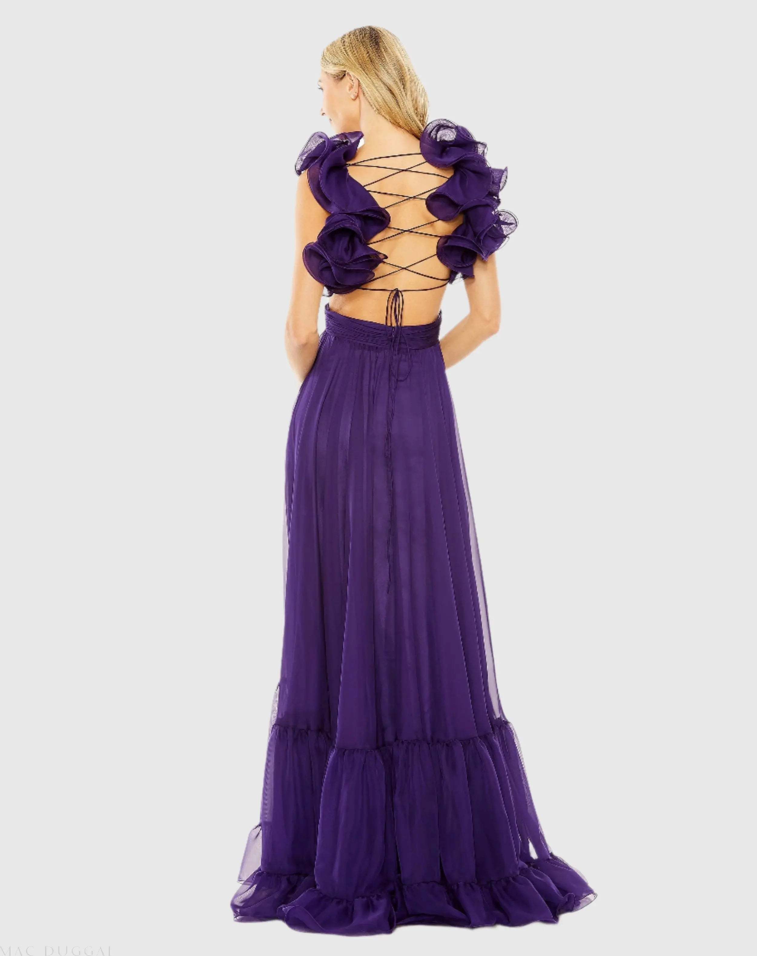 Purple Ruffle Tiered Cut-Out Chiffon Gown