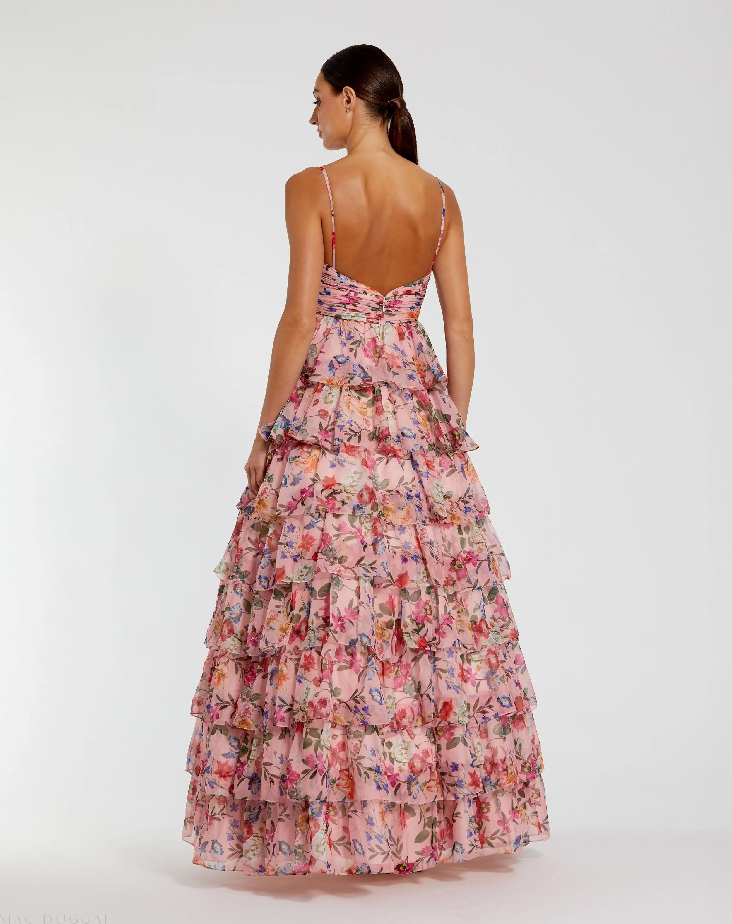 Pink Floral Cut Out Ruffle Tiered Gown