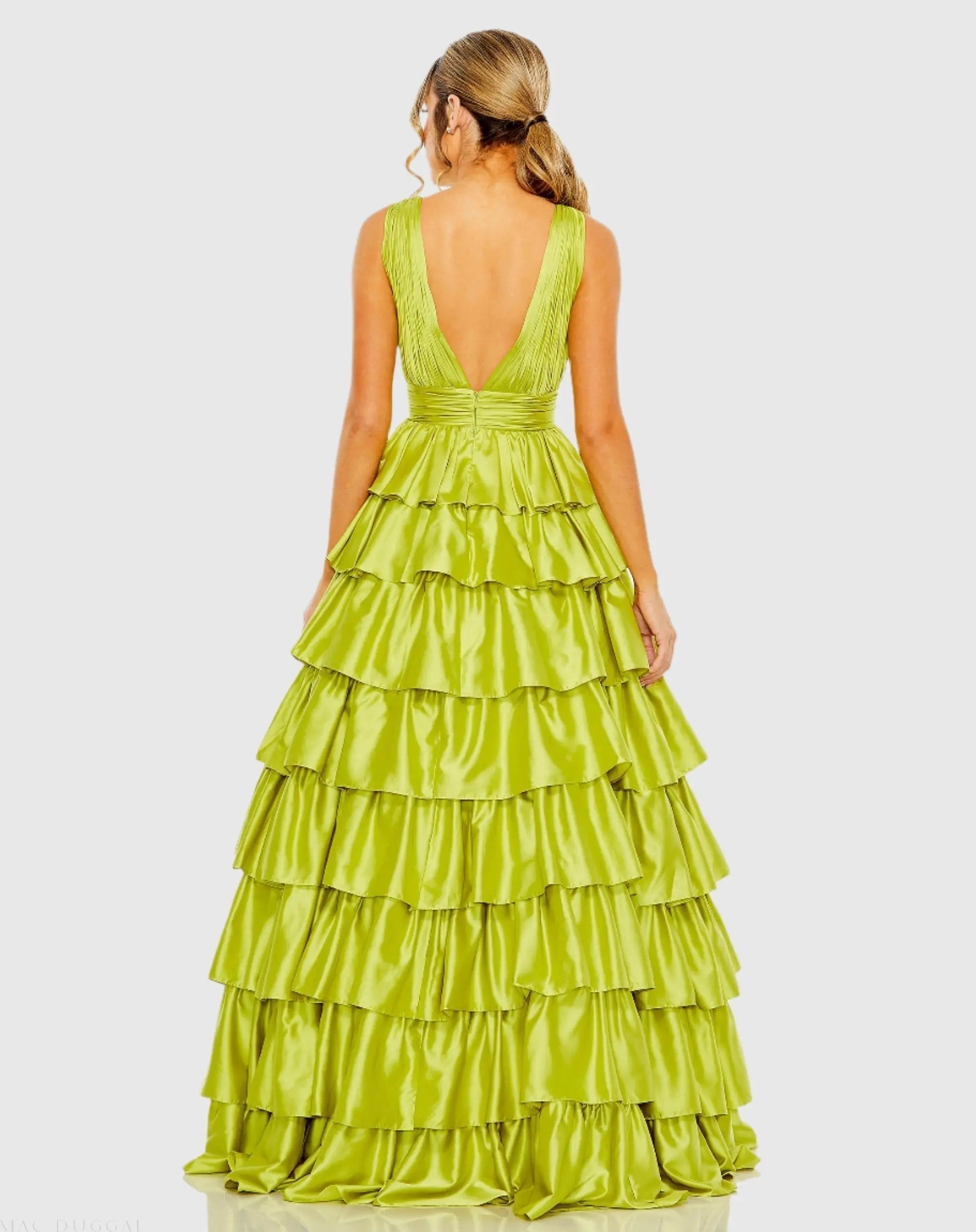 Green Ruffle Tiered Pleated Sleeveless V Neck Gown