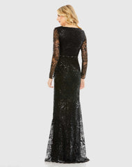 Black Embellished Wrap Over Long Sleeve Gown