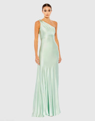 Green Beaded One Shoulder Column Gown