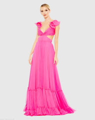 Ruched Ruffled Shoulder Cut Out Lace Up Gown