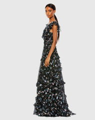 Black Multicolor Ruffled Floral Print Cap Sleeve Gown