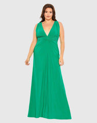 Green Plus Size Draped V Neck Sleeveless A Line Gown