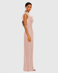Pink Embellished One Shoulder Gown w/ Ostrich Feathers