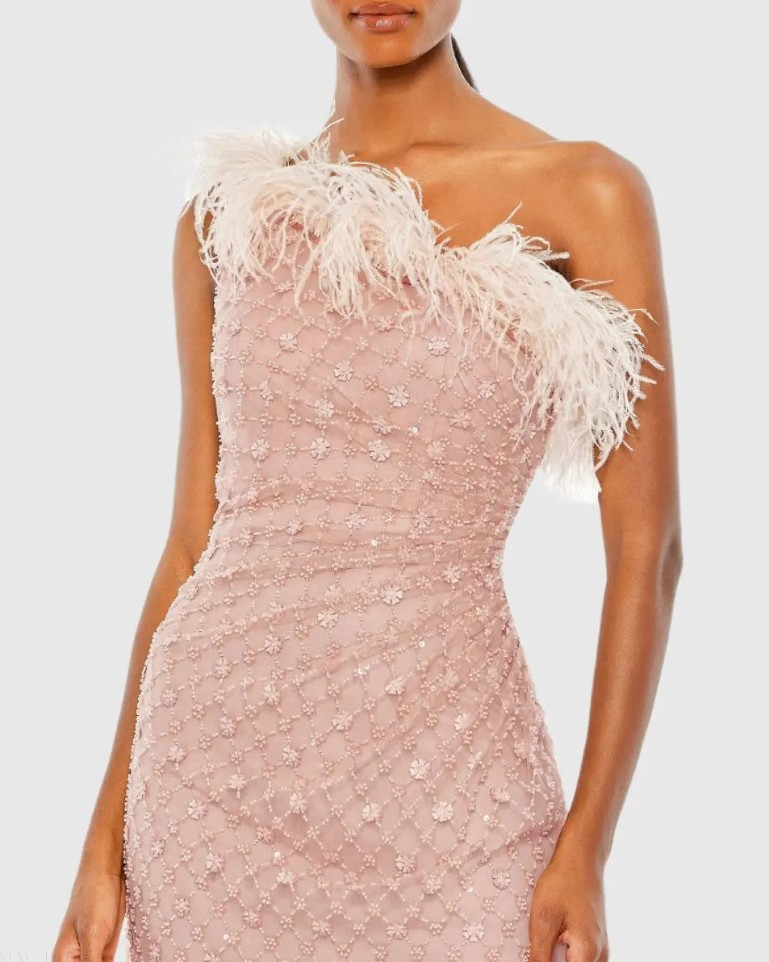 Pink Embellished One Shoulder Gown w/ Ostrich Feathers