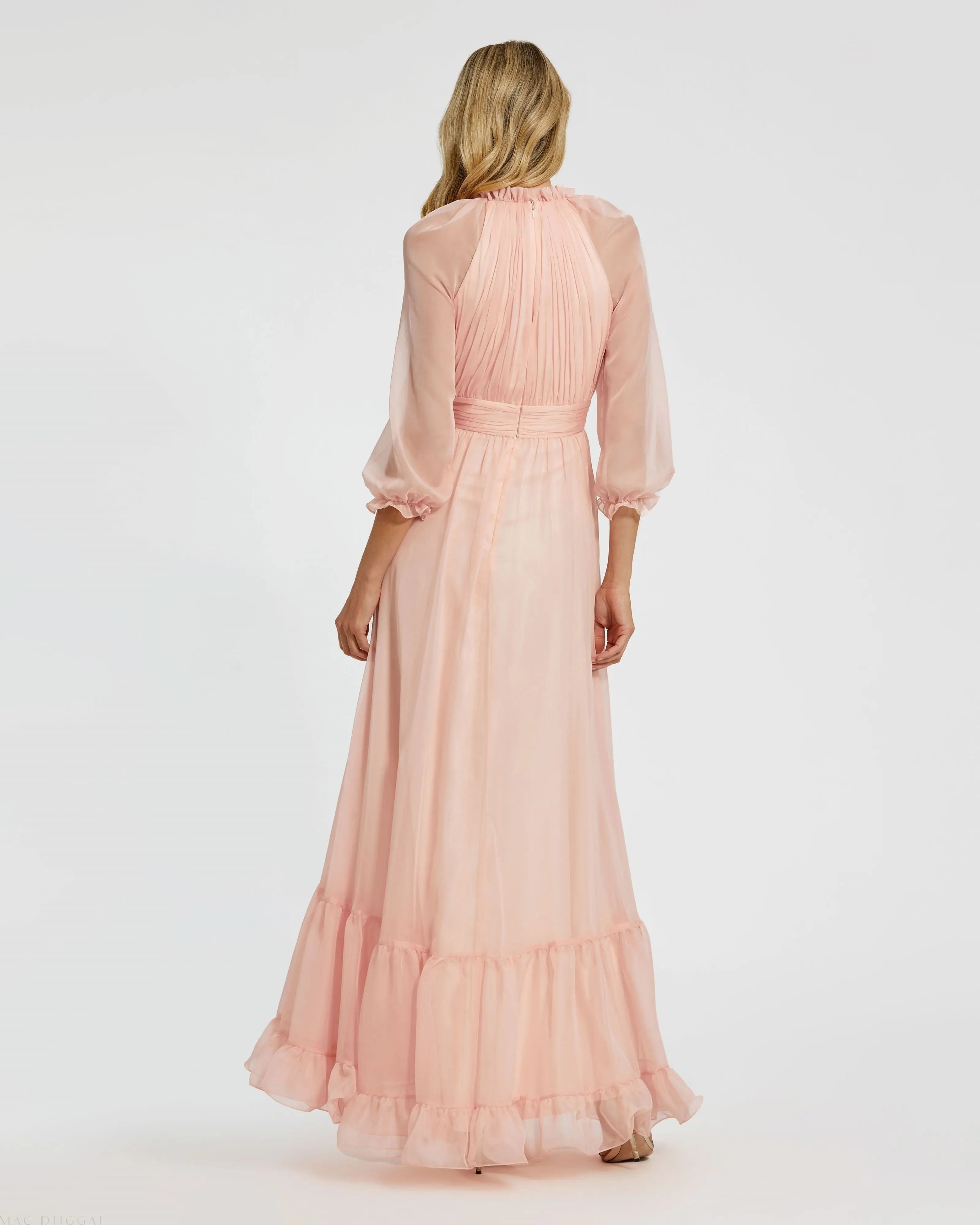 Pink Chiffon Ruched Illusion Raglan Sleeve Ruffled Gown