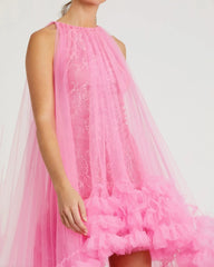 Pink Tulle High Neck Sleeveless Ruffled Hem Hi-Low Gown
