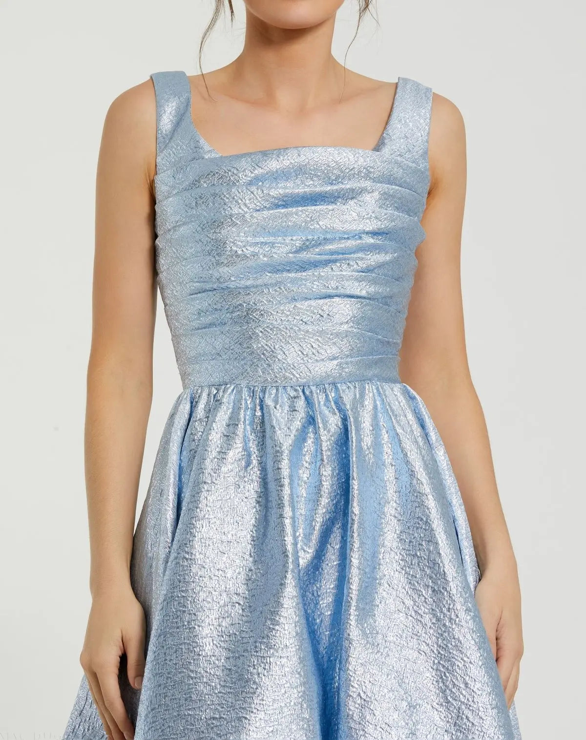 Blue Taffeta Square Neck Sleeveless A-Line Midi Dress
