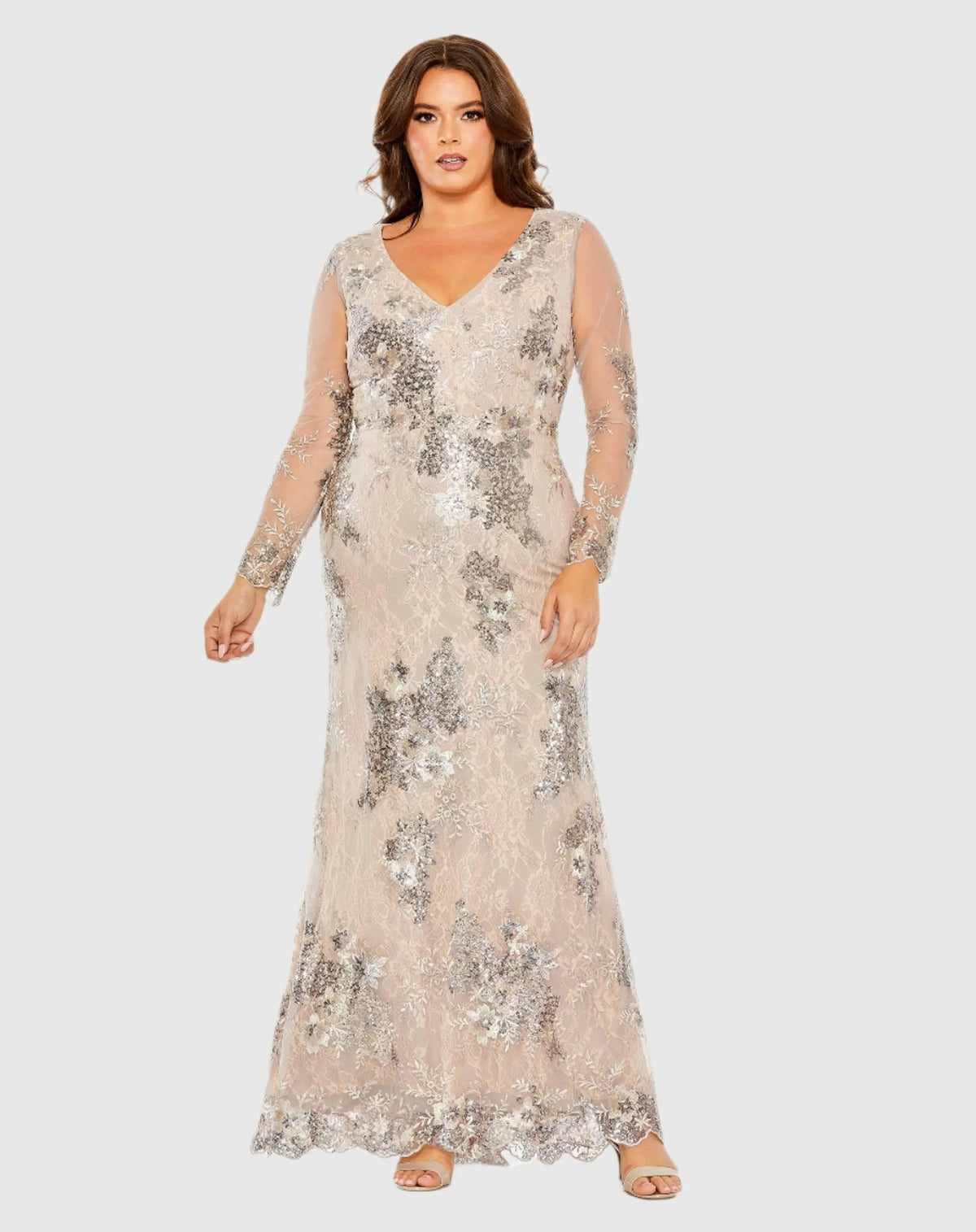 Beige V Neck Mesh Long Sleeve Embroidered Gown