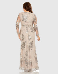 Beige V Neck Mesh Long Sleeve Embroidered Gown