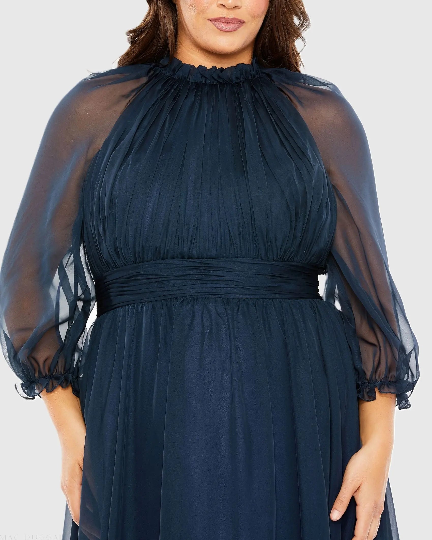 Navy High Neck Puff Sleeve Tiered A Line Gown (Plus)