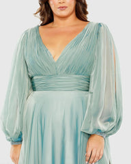 Blue Puff Sleeve w/ Embellished Cuff V Neck A Line Gown (Plus)
