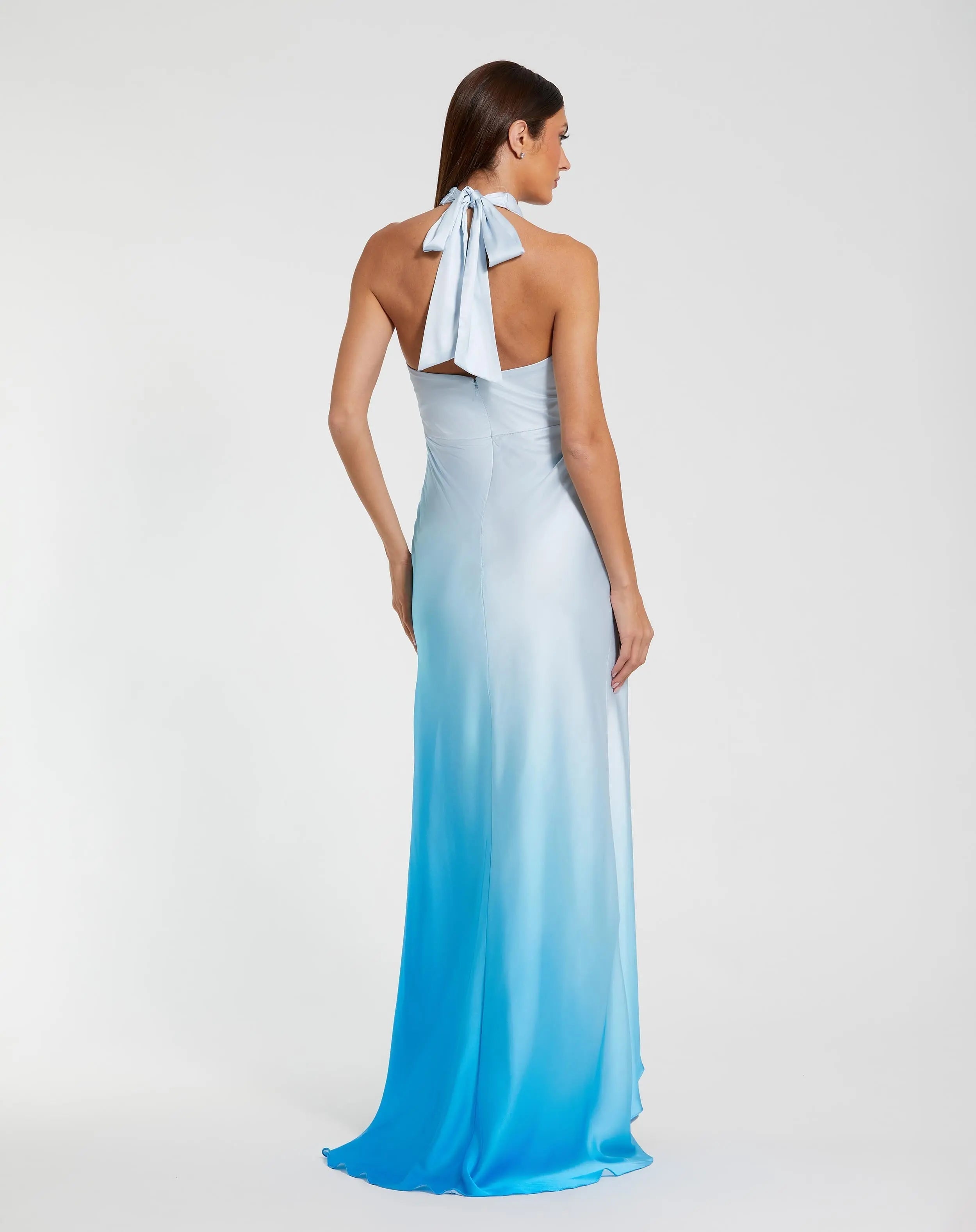 Blue Charmeuse Tie Halter Neck Ombre Gown