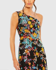 Black Multicolor One Shoulder Floral Sequin Lace Up Gown