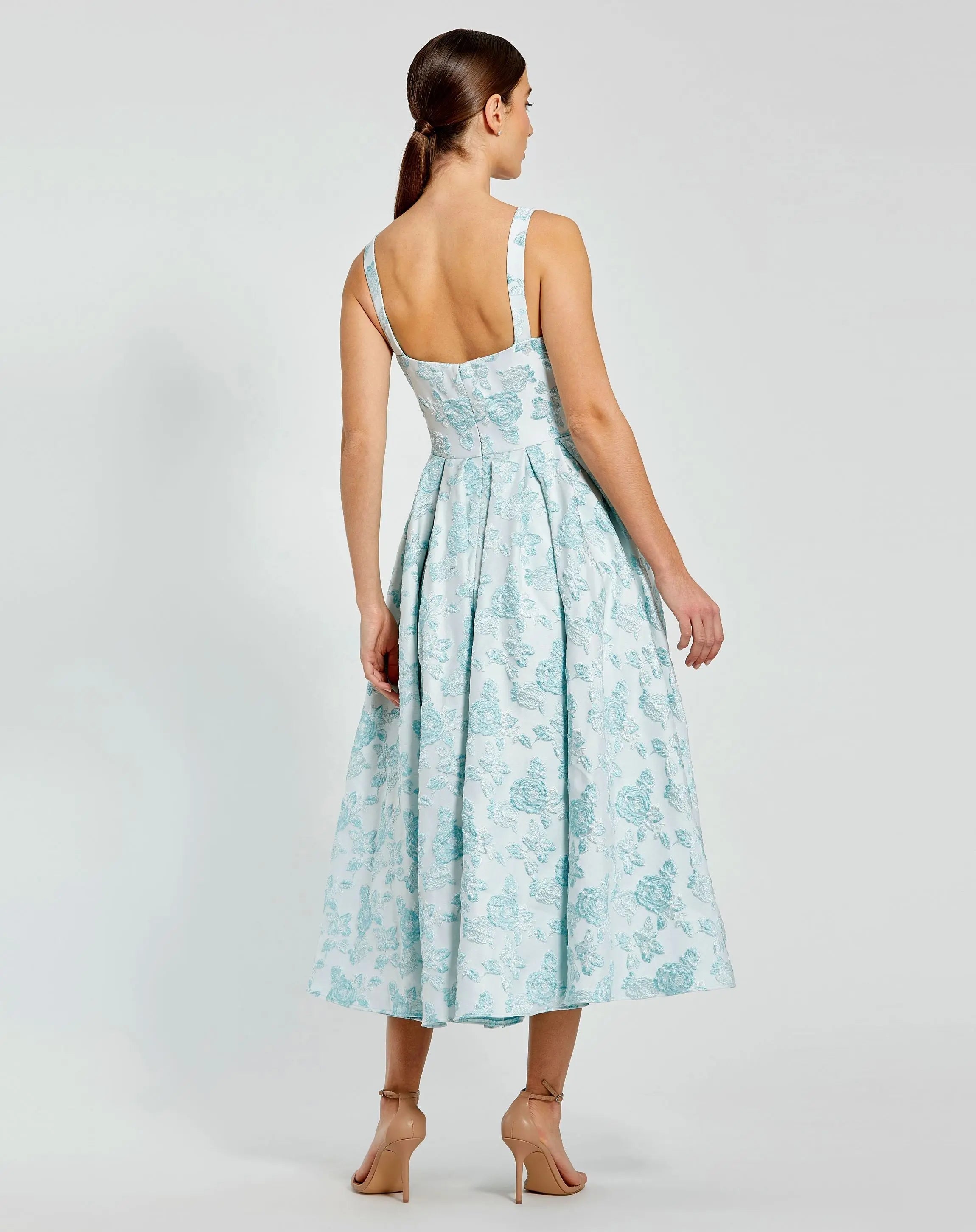 Blue Sleeveless Large Bow Detail Floral Brocade Dress