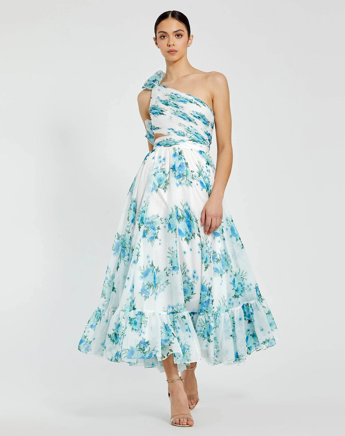 White One Shoulder Ruffle Cut-Out Chiffon Midi Dress