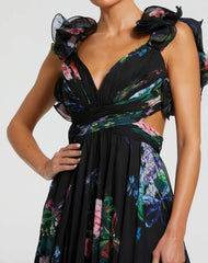 Black Ruffle Tiered Floral Cut-Out Chiffon Gown
