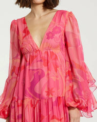 Pink Hibiscus Printed Chiffon Ruffle Long Sleeve V Neck Maxi Dress