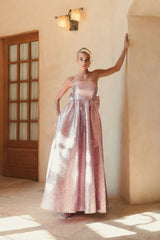 Pink Metallic Strapless Brocade Gown With Oversized Bow