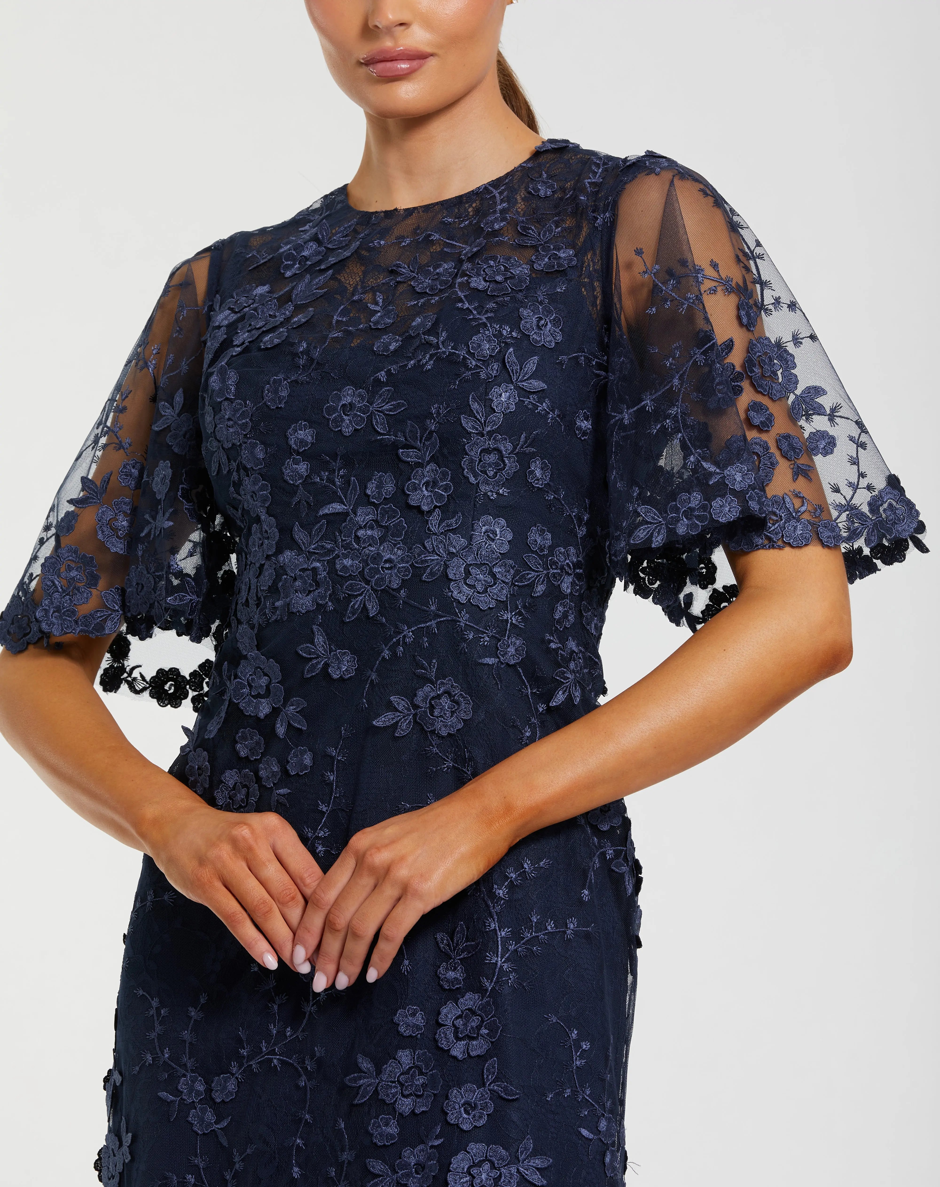 Navy Flutter Sleeve Floral Embroidered Net Gown