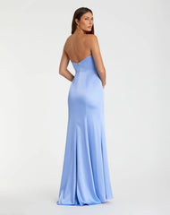 Blue Strapless Satin Column Gown With 3D Flower