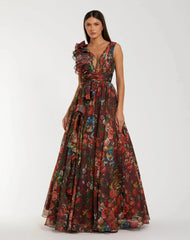 Wine Sleeveless V-Neck Floral Chiffon Ruffle Ball Gown