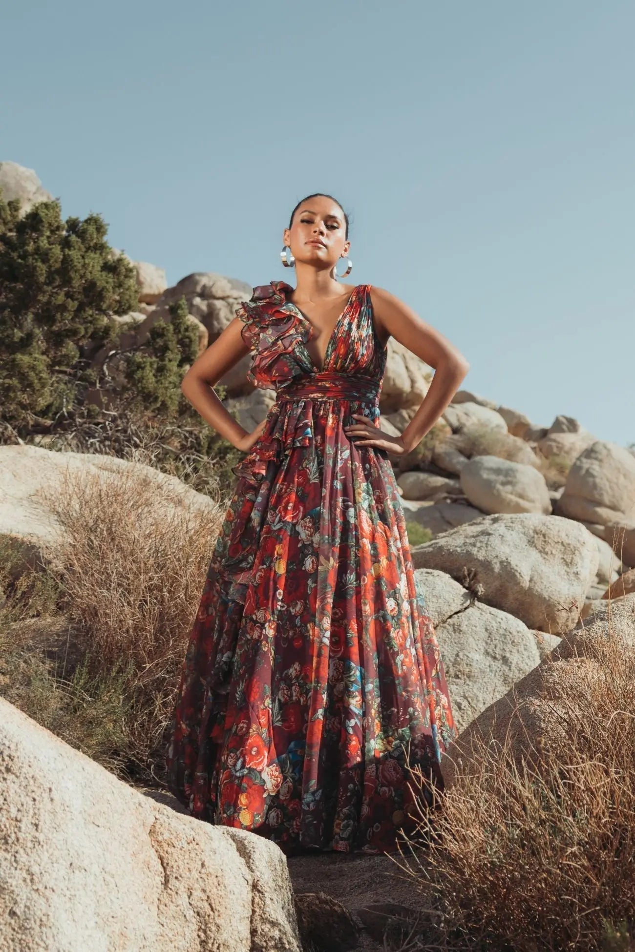 Wine Sleeveless V-Neck Floral Chiffon Ruffle Ball Gown