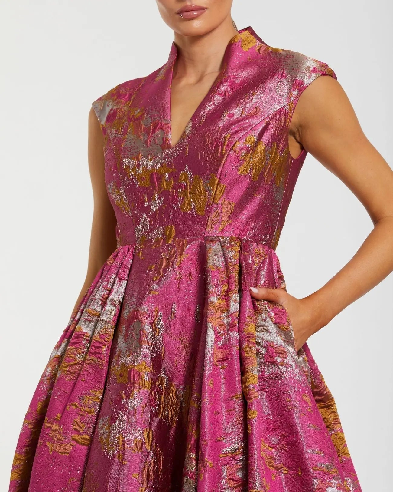 Pink Metallic Jacquard Ball Gown with Mandarin Collar and Cap Sleeves