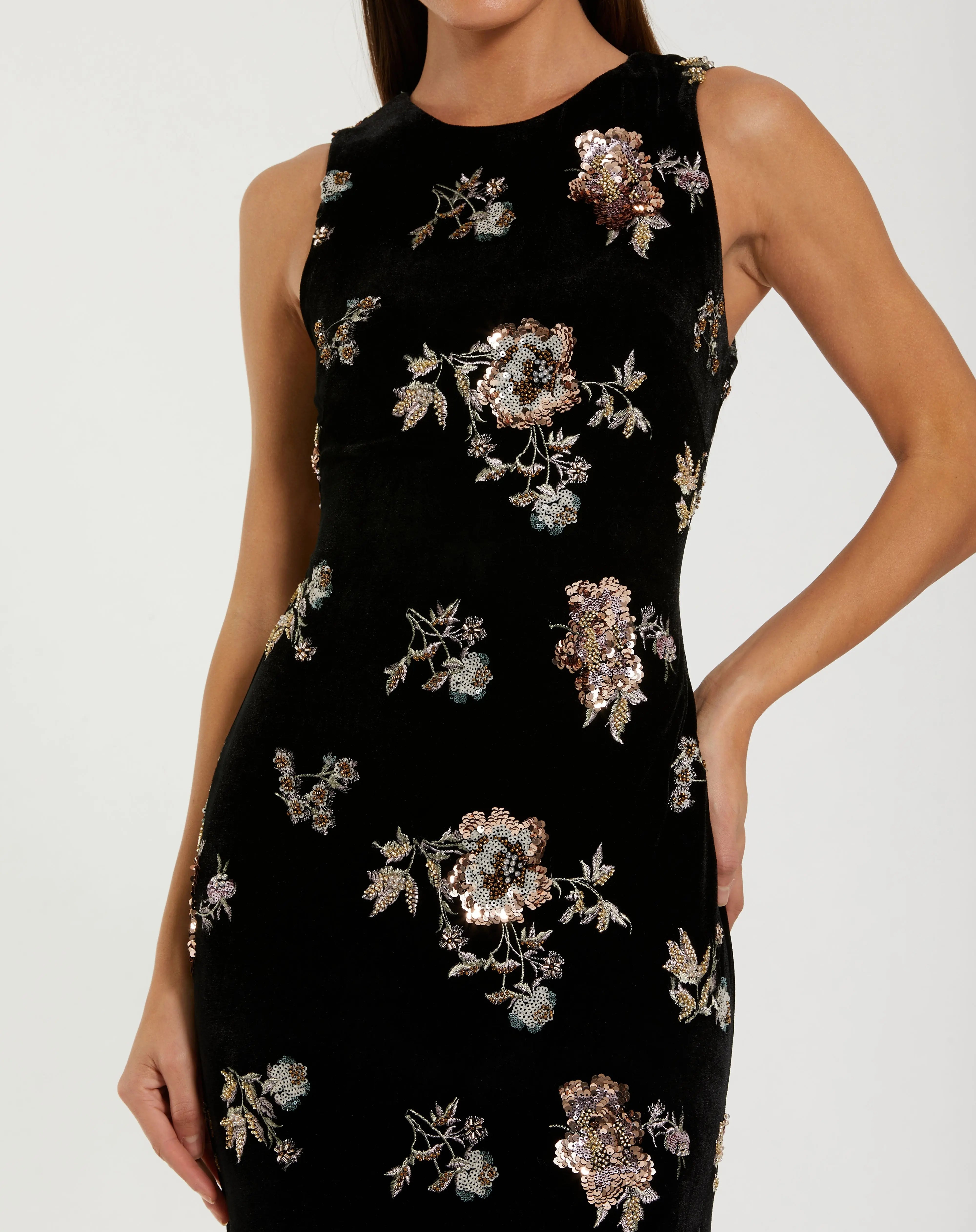 Black Sleeveless Floral Embellished Velvet Evening Gown
