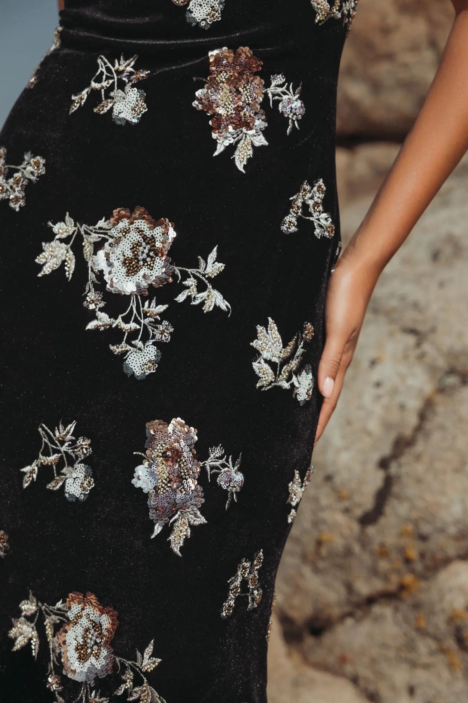 Black Sleeveless Floral Embellished Velvet Evening Gown