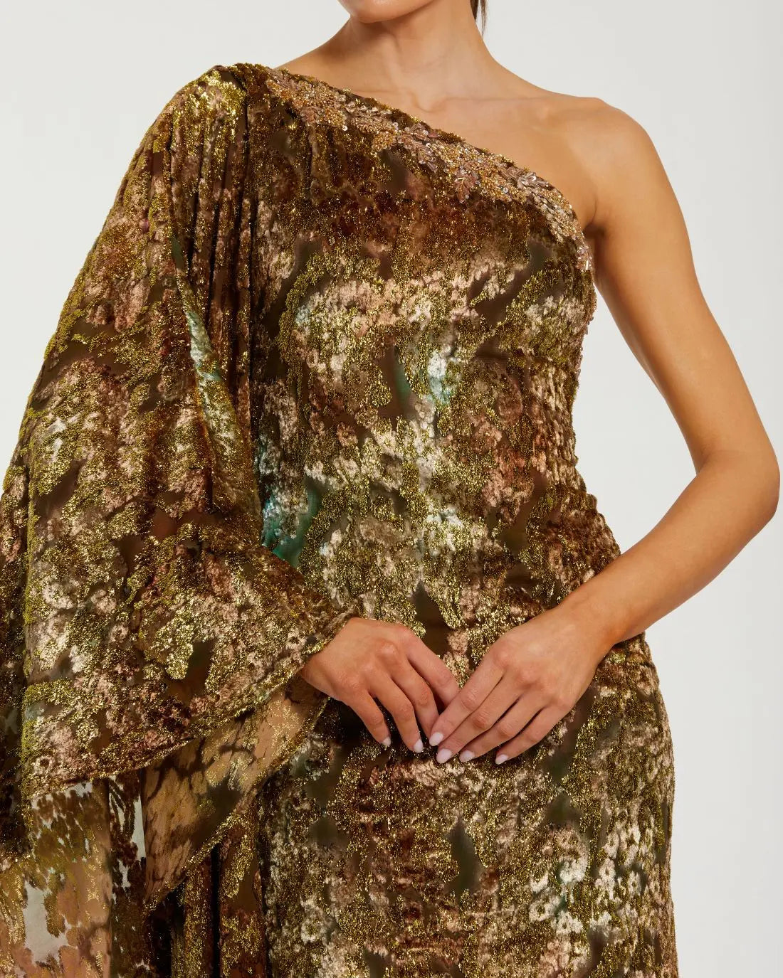 Gold One-Shoulder Metallic Burnout Velvet Evening Gown