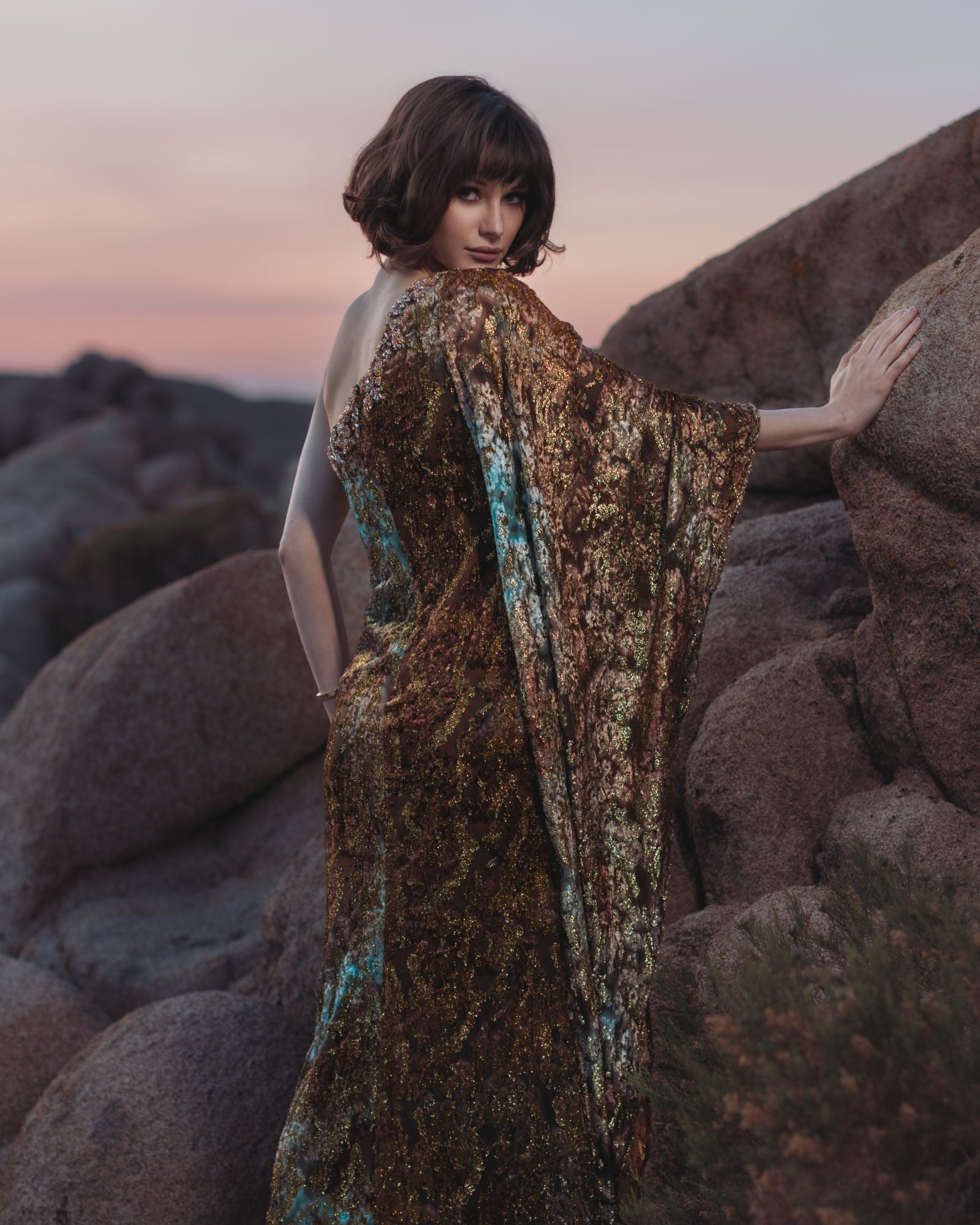 Gold One-Shoulder Metallic Burnout Velvet Evening Gown