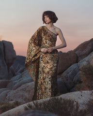 Gold One-Shoulder Metallic Burnout Velvet Evening Gown