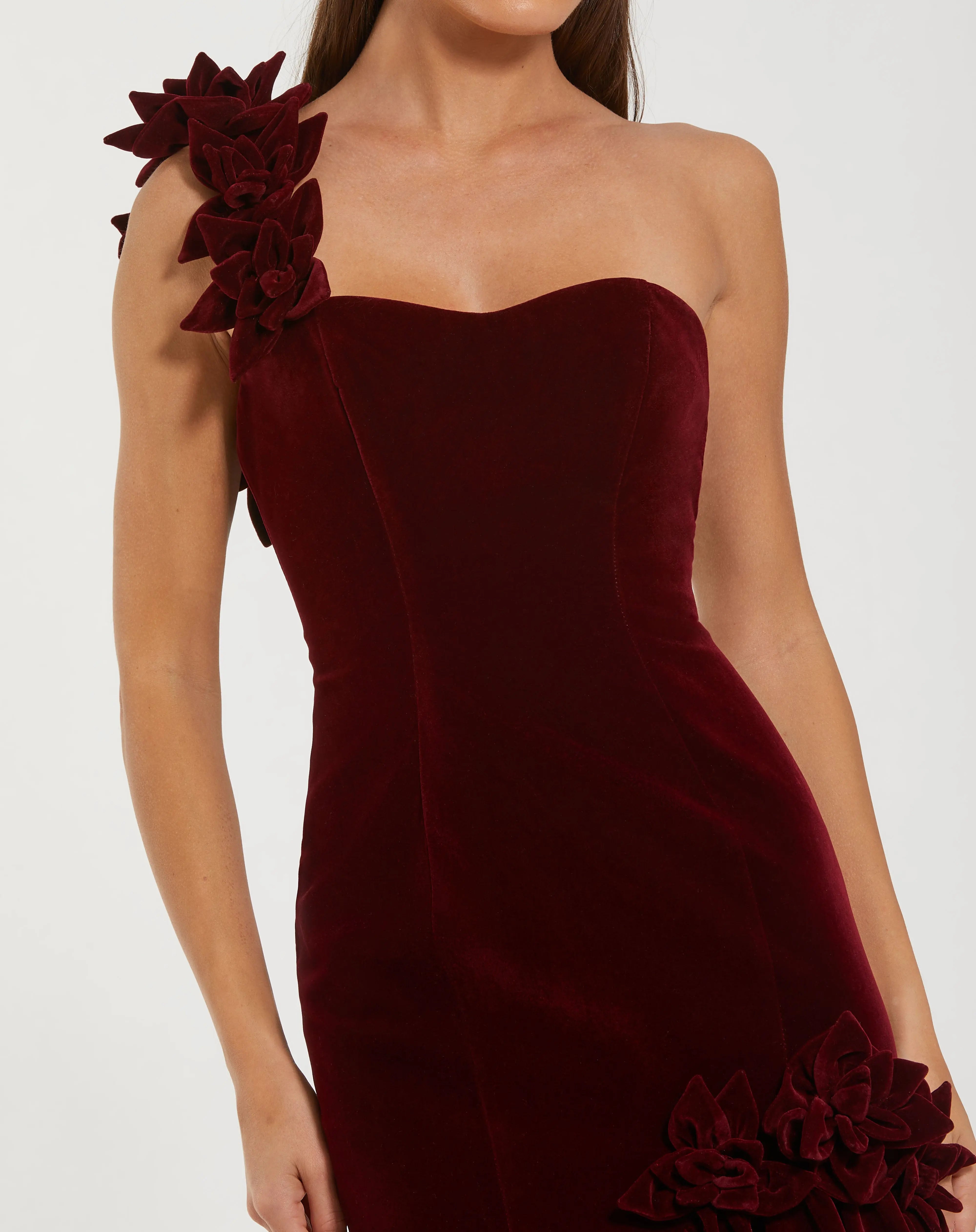 Dark Velvet One Shoulder Trumpet Gown With Flowers