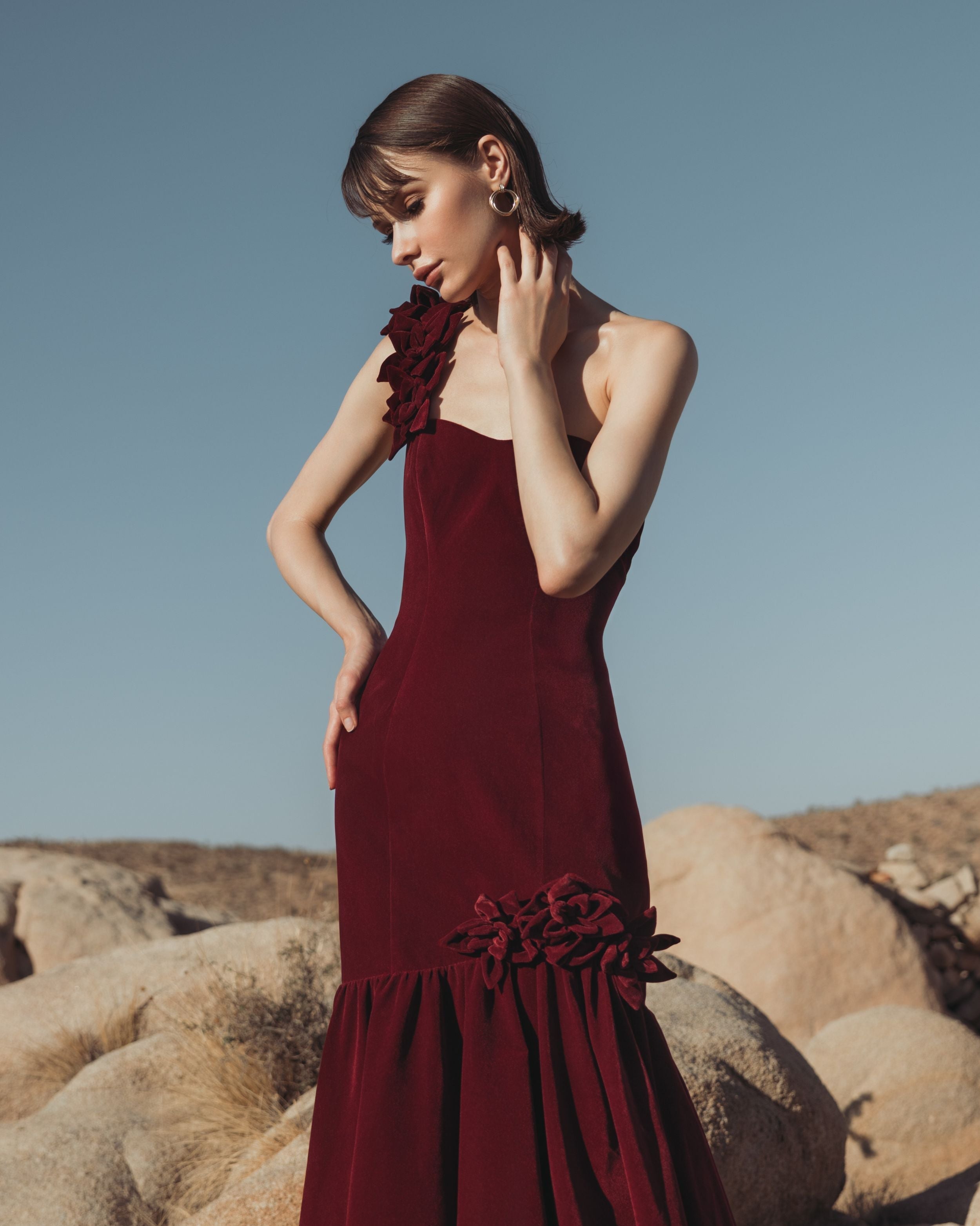 Dark Velvet One Shoulder Trumpet Gown With Flowers
