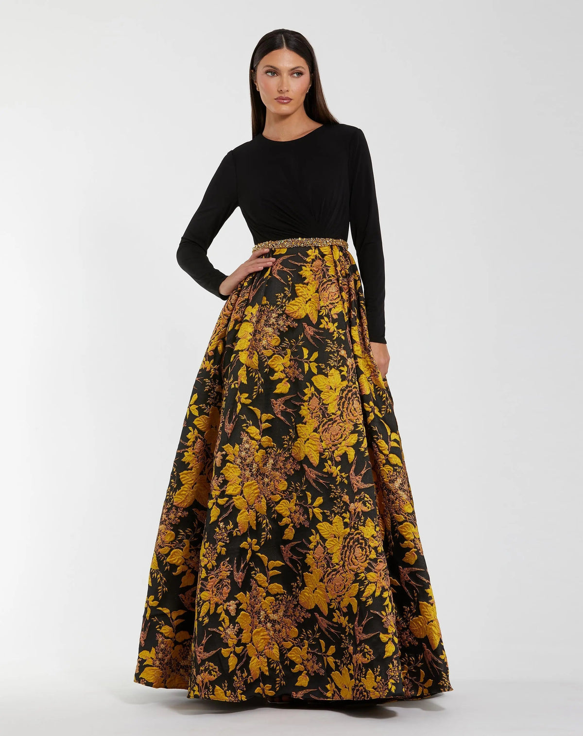 Black and Yellow Brocade Jersey Long Sleeve Ball Gown