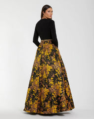 Black and Yellow Brocade Jersey Long Sleeve Ball Gown