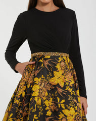Black and Yellow Brocade Jersey Long Sleeve Ball Gown
