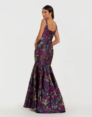 Navy Multicolor Sleeveless Brocade Trumpet Gown