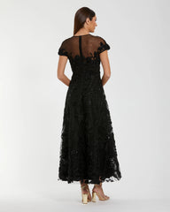 Black Embellished Lace Illusion Neck A-Line Midi Dress