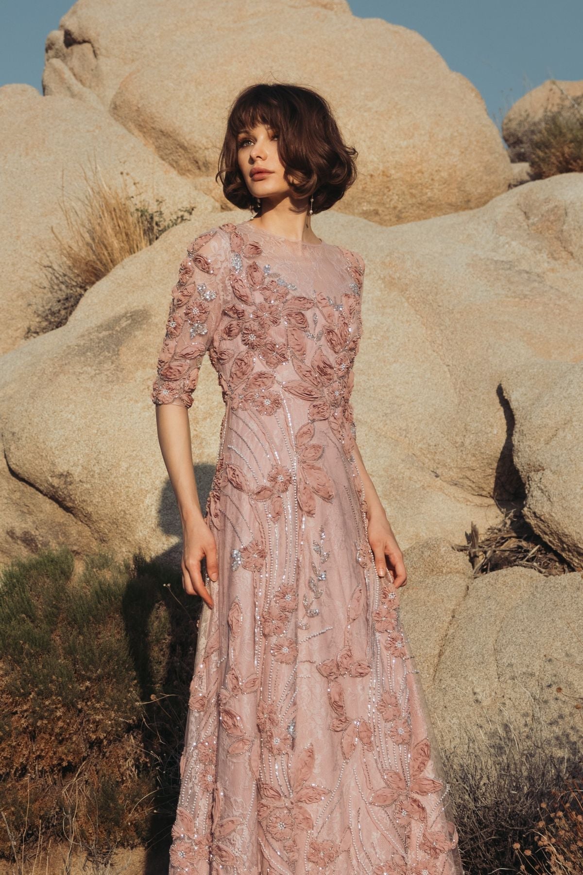 Pink High Neck Embellished Lace Gown with 3/4 Sleeves