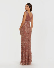 Pink Floral Beaded Chiffon V-Neck Evening Gown