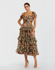 Beige Chiffon Ruffle A Line Midi Dress with Puff Sleeves